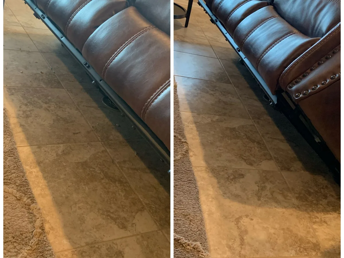 Living room floor before and after a deep cleaning by Anna's Housekeeping