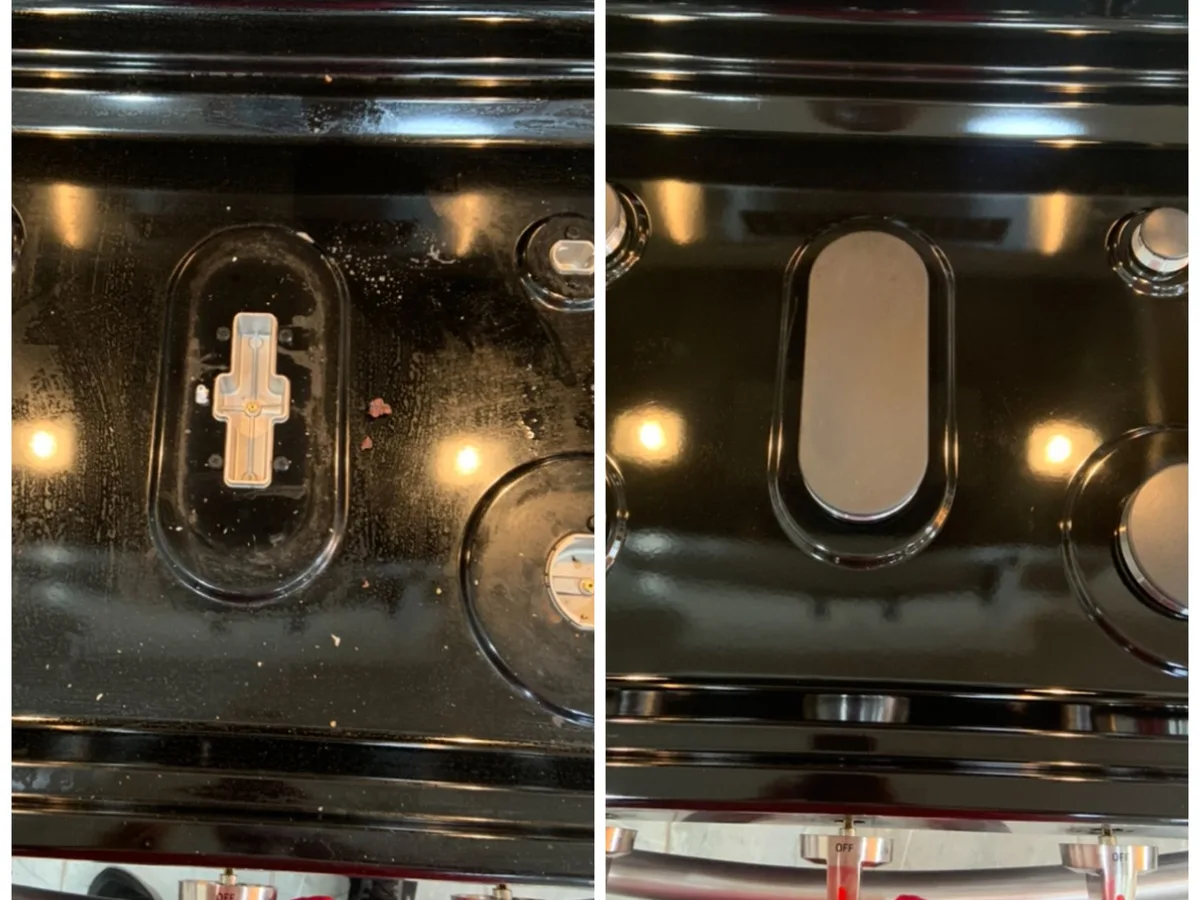Stove burners before and after a deep cleaning by Anna's Housekeeping